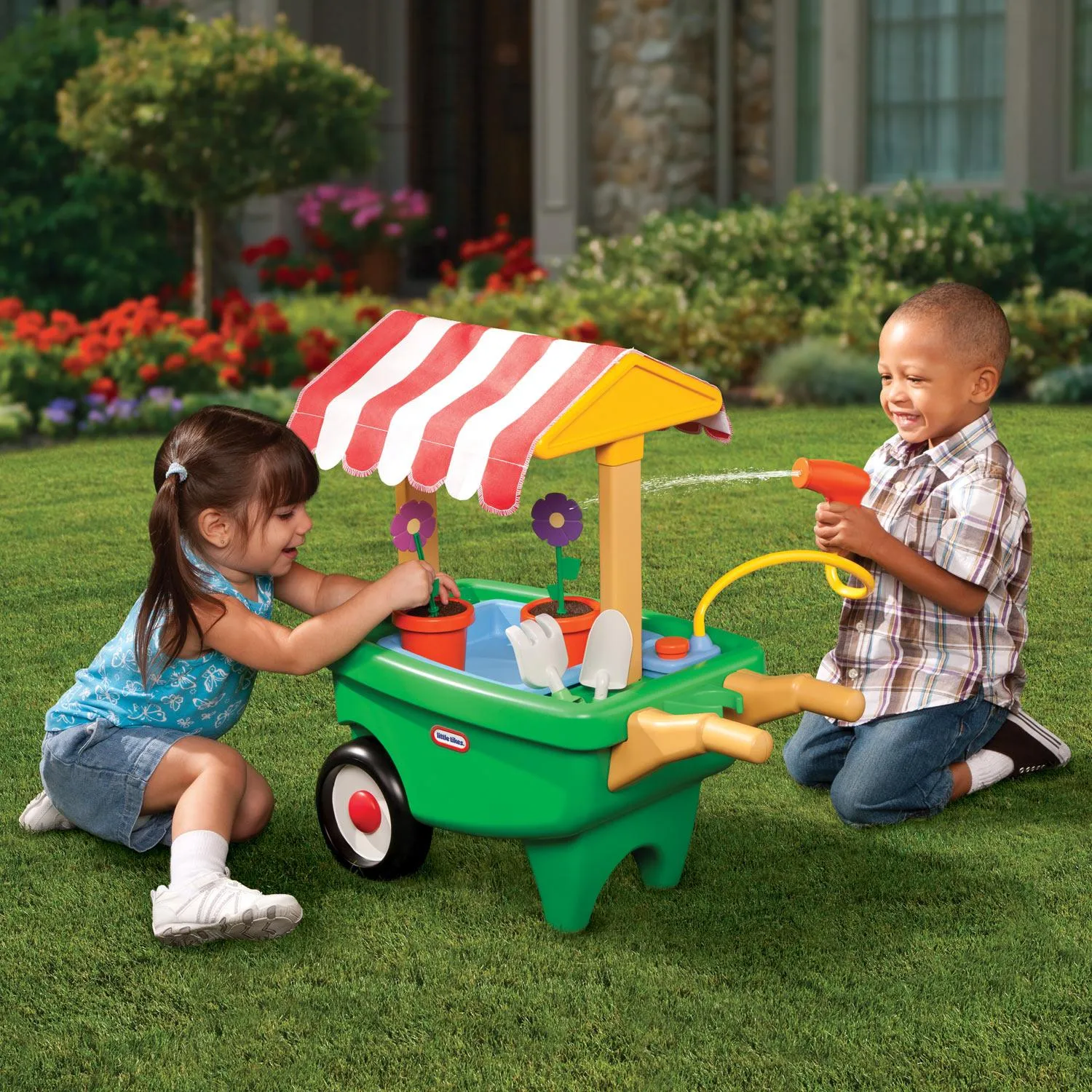 2-in-1 Garden Cart & Wheelbarrow – Gardening Playset with Planting Tray, Water Sprinkler & Transformable Design