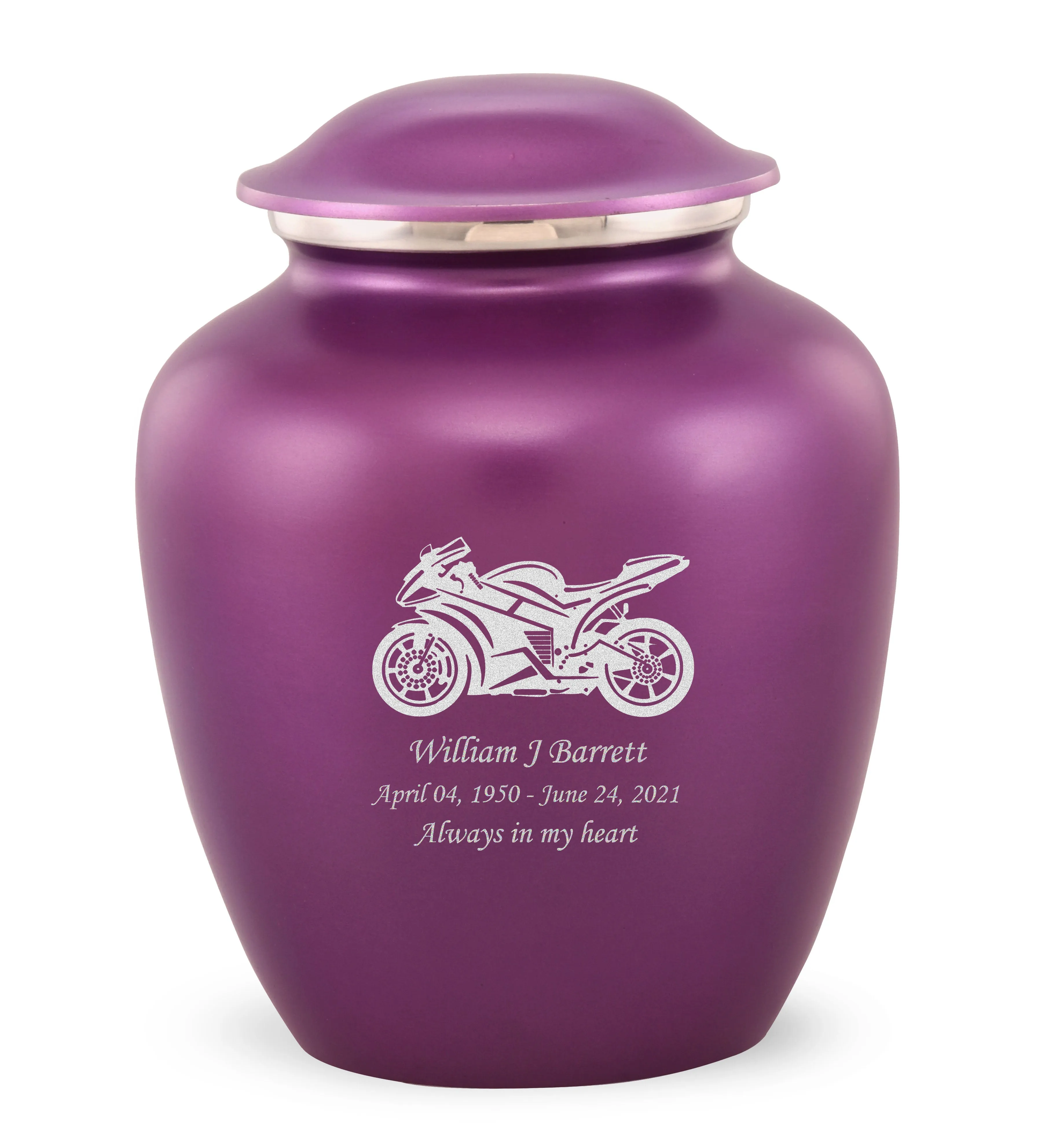 Grace Sports Bike Custom Engraved Adult Cremation Urn for in Purple