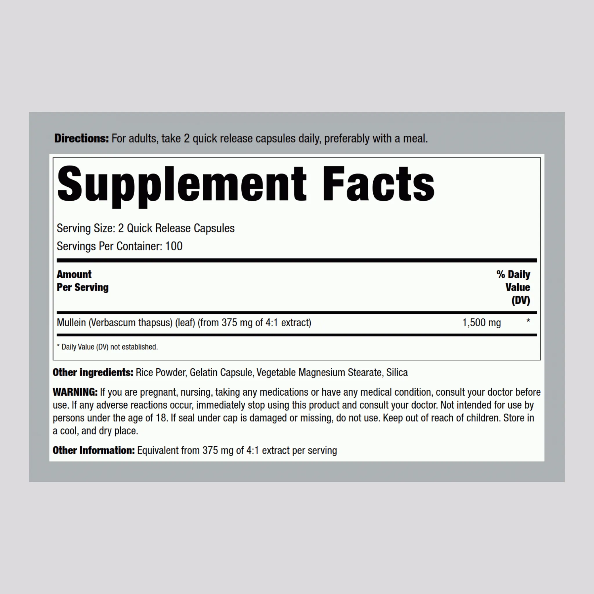 Mullein Leaf (Gordolobo), 1500 mg (per serving), 200 Quick Release Capsules, 2  Bottles